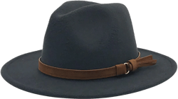 Mens Womens Classic Fedora Hats with Belt Buckle Vintage Basic Wide Brim Panama Hats Adjustable Roll Up Trilby Hat One Size Dark Gray