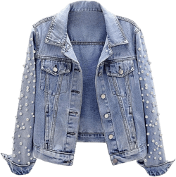 SCOFEEL Pearls Cropped Jean Jacket for Women Regular Fit Embroidered Denim Jacket Coat Light Blue, X-Large
