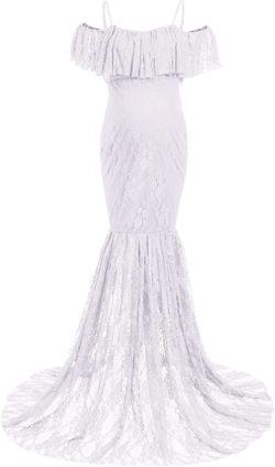 Womens Ruffle Lace Off Shoulder Maternity Dress for Photography Baby Shower Flounce Floral Mermaid Gown for Photo Shoot Medium White