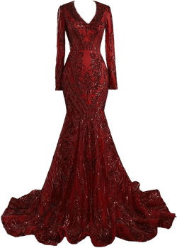 Mermaid Trumpet Evening Gown Long Sleeve V Neck Sequins Elegant Dress Engagement Court Train 16 Burgundy