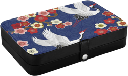 Travel Jewelry Box Crane Japanese Flower Navy Blue Portable PU Leather Small Jewelry Organizer for Women Girls Jewellery Storage Holder Display for Ring, Pendant, Earring, Necklace, Bracelet