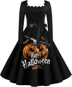 FlekmanArt Womens Dresses Long Sleeve A-Line Dresses Halloween Fun Printed Square Neck Dress Dressy Trendy Tunic Dress 2-dark Gray XX-Large
