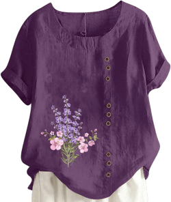 T Shirts for Women Graphic Cotton Linen Flower Print Tops Shirt Crewneck Tunic Multi Color Plus Size Tees with Button Large A1-purple