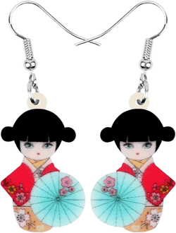 DOWAY Acrylic Cute Japanese Kawaii Kimono Dress Parasol Twins Doll Earrings Dangle Drop Fashion Jewelry for Women Charm Party Gift Red and Blue