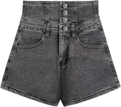 Summer High Waist Denim Shorts Women Buttock Wrapping Button Slim Bandage Short Jeans Medium Black Gray