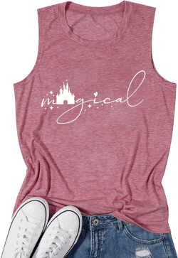 Magical Tank Tops for Women Family Vacation Tshirt Cute Graphic Girls Trip Tee Casual Summer Sleeveless Shirt Medium Pink