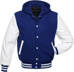 Men’s Varsity Jackets Baseball Letterman Wool Body Genuine Leather Sleeves Bomber Jacket with Hood Large Blue Body and White Sleeves