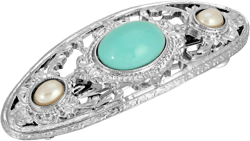 1928 Jewelry Silver Tone Turquoise Color And Faux Pearl Stone 3 Inch Hair Barrette Clip For Women, (1 Pcs)