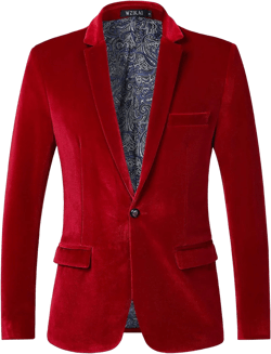 WZIKAI Mens Velvet Blazer One Button Slim Fit Solid Fashion Suit Jacket Sport Coat for Wedding Prom Dinner Party 3X-Large Burgundy
