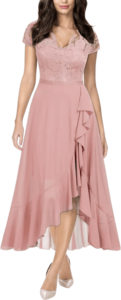 Miusol Women's V Neck Elegant Lace Ruffle Bridesmaid Maxi Dress XX-Large Pink