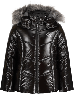 Calvin Klein girls Hooded Winter Puffer Jacket, Full-length Heavyweight Coat With Fleece Lining Black Logo Tape 12-14