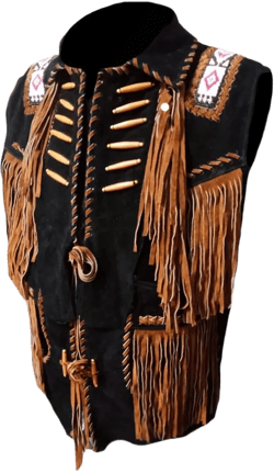Men's Cowboy Beaded, Boned & Fringed Suede Leather Stylish Vest 3X-Large Suede Leather Black