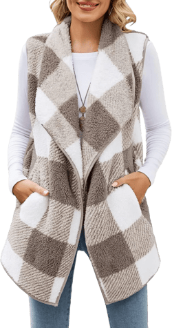 ReachMe Womens Sleeveless Sherpa Vest with Pockets Lapel Open Front Fleece Cardigan Sweater Fuzzy Jacket Coat X-Large 06 Khaki