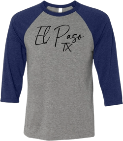 TeesAndTankYou Script El Paso Texas Three-Quarter Raglan Sleeve Baseball Shirt Unisex Medium Grey/Navy