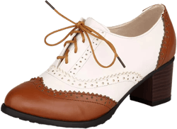 Women's Leather Vintage Oxfords Brogues Lace up Chunky Stacked Mid Heel Pumps Round Toe Dress Shoes 9.5 3 Brown