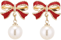 Bow Earrings for Women Trendy Statement Jewelry Red Bow Drop Dangle Earrings Big Pearl Bow Earrings Ribbon Stud Earrings Accessories Wedding Party Christmas Gifts for Women