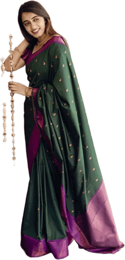 DARK GREEN PURE SOFT SILK SAREE WITH MOIETY BLOUSE PIECE