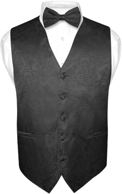 Vesuvio Napoli Men's Paisley Design Dress Vest & Bow Tie BLACK Bow Tie Set for Suit Tuxedo 3X-Large Black