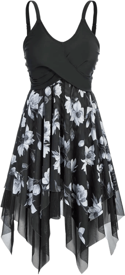 Kate Kasin Women's Modest Two Piece Swimsuits Tummy Control Flowy Mesh Swimwear Bathing Suits with Boyshorts Swimdress Black Floral