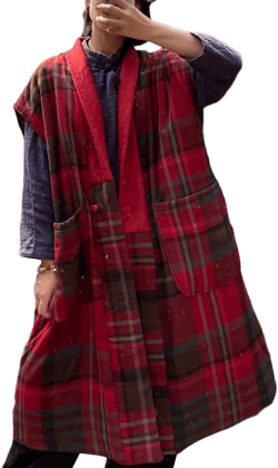 NFYM Women Autumn Sleeveless Vests Cotton Print Floral Long Vests Chinese Vintage Patchwork Waistcoat Red Plaid One Size