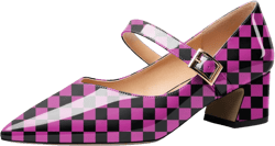 Soireelady Women's Pointed Toe Block Heel Pumps Mary Jane Heels Buckle Strap Mid Heel Pumps Classic Dailly Party Dressy Shoes Comfort 2Inch 11.5 Checkered-pink
