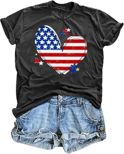 VVNTY American Flag Heart Shirt Women Patriotic T-Shirt 4th of July Graphic Tees Shirts USA Flag Star Stripe Tops XX-Large Gray