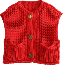 Women Crochet Knit Chunky Sweater Vest Button Down Sleeveless Knitted Crop Top Short Cardigan Vest with Pockets