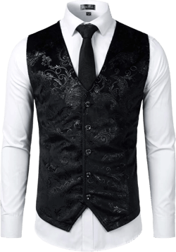 ZEROYAA Mens Hipster Metallic Paisley Printed Single Breasted V-Neck Suit Vest/Tuxedo Waistcoat Medium Black
