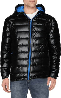 Cole Haan Men's Leather Faux Down Hooded Jacket with Contrast Lining Medium Black/Blue