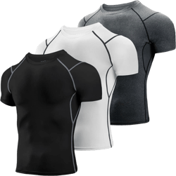 Niksa Men's Compression Shirts 2 Pack, Short Sleeve Athletic Compression Tops Cool Dry Workout T Shirt Large Black Gray, White Black, Grey Black