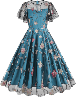 Women Mesh Floral Embroidery Vintage Cocktail Swing Dress Ruffle Sleeve Embroidered Floral Dress for Women Tulle Prom Dress Small Peacock Blue