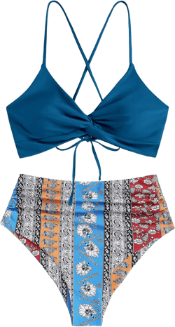 ZAFUL Twist High Waisted Bikini for Women Cross Lace Up Bathing Suit Ruched Bikini Swimsuits Tummy Control Swimwear Blue Tribal L