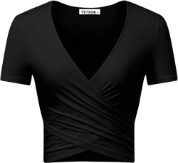 VETIOR Women's Sexy Deep V Neck Short Sleeve Unique Slim Fit Cross Wrap Shirts Crop Tops Going Out Tops