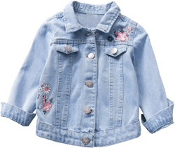 Girls Embroidered Denim Jacket Long Sleeve Botton Down Tops Laple Up Floral Prints with Pocket Coat Fashion Playwear Blue 6-7 Years