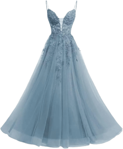 Elegant V Neck Spaghetti Strap Tulle Prom Dresses with Split 2024 A Line Lace Appliques Long Formal Evening Gown TM12 16 Plus Dusty Blue