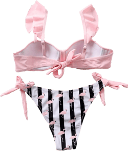Lilosy Cute Flamingo Striped Side Tie Ruffle Strap Knotted Front Bikini Swimsuit Set Women Tie Back Bathing Suit Small Pink