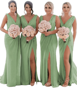 BOLENSYE Women's Cowl Neck Bridesmaid Dresses Long for Wedding Ruched Chiffon Wrap Slit Formal Evening Party Gown Sage Green 24 Plus
