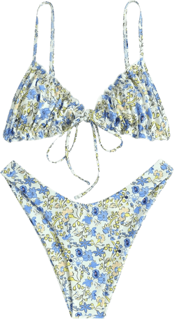 ZAFUL Women's Ditsy Floral Printed Swimsuit Knotted String Triangle Bikini Cheeky Bikini Set (Yellow&Blue XL)