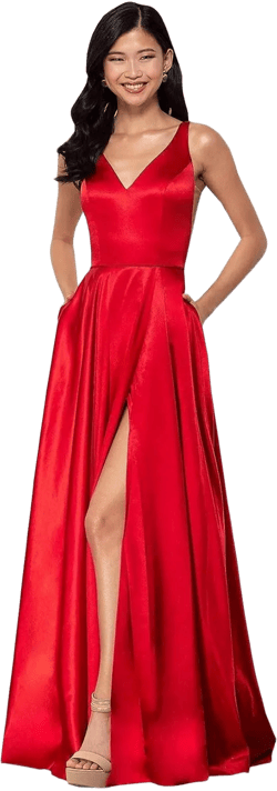 Women's Long A-Line Satin Prom Dresses High Slit V-Neck Backless Formal Party Evening Ball Gowns with Pockets 4 Red