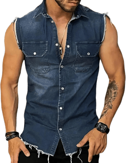 MARSVOVO Mens Sleeveless Denim Shirt Beach Denim Button Down Tank Tops Basic Sleeveless Solid Jean Vest with Pockets X-Large Blue