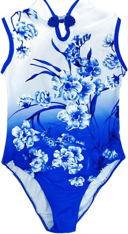 LIUHUO Synchronized Swimming Swimsuit Competition Performance Chinese Blue and White Porcelain Print Medium Blue