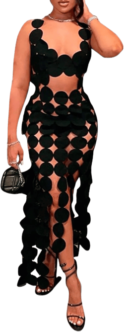 Women's Sexy Hollow Out Dot Sleeveless Long Dress Low-Cut Cut Out Backless Tassel Club Dress Large Black