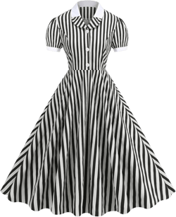 IDOPIP Women 1950s Vintage Swing Dress Puff Sleeve Cocktail Party Dress Formal Rockabilly Evening Elegant Retro Midi Dress X-Large Black White Striped