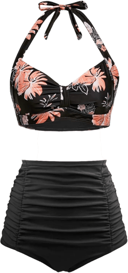 Holipick Women High Waisted Bikini Set Two Piece Swimsuit Tummy Control Bathing Suit Vintage Halter Swimwear Small Black and Flower