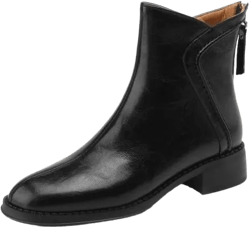 TinaCus Women's Handmade Genuine Leather Back Zip Stitching Round Toe Chunky Heel Ankle Boots 5 Black