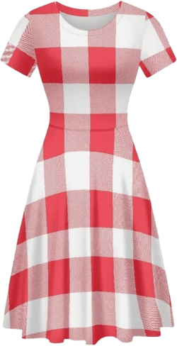 Women 2025 Fashion Dresses Short Sleeve Round Neck Party Birthday A-Line Dress Size S-4XL X-Large Red White Plaid