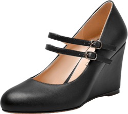 MODENCOCO Womens Fashion Sexy Party Matte Buckle Two Straps Round Toe Wedge High Heel Pumps Dress Shoes 3.5 Inch 7 Black