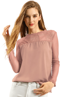 INSPIRE CHIC Women's Elegant Lace Sleeve Scalloped Trim Summer Casual Chiffon Blouse Dark Pink Large