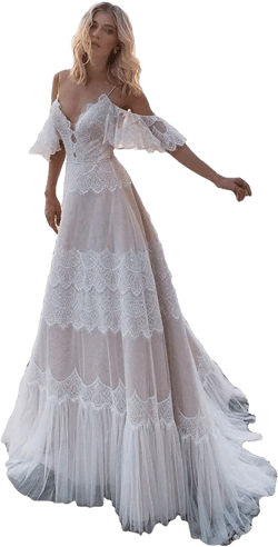 Women's Wedding Dresses Lace Formal Evening Dresses V Neck Ruffle Sleeves Beachy Boho Outdoorsy Wedding Gowns TB365 8 Ivory