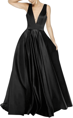 EEFZL Deep V-Neck Evening Gowns Plus Size Long Satin Prom Dresses for Women Juniors 24 Plus Black